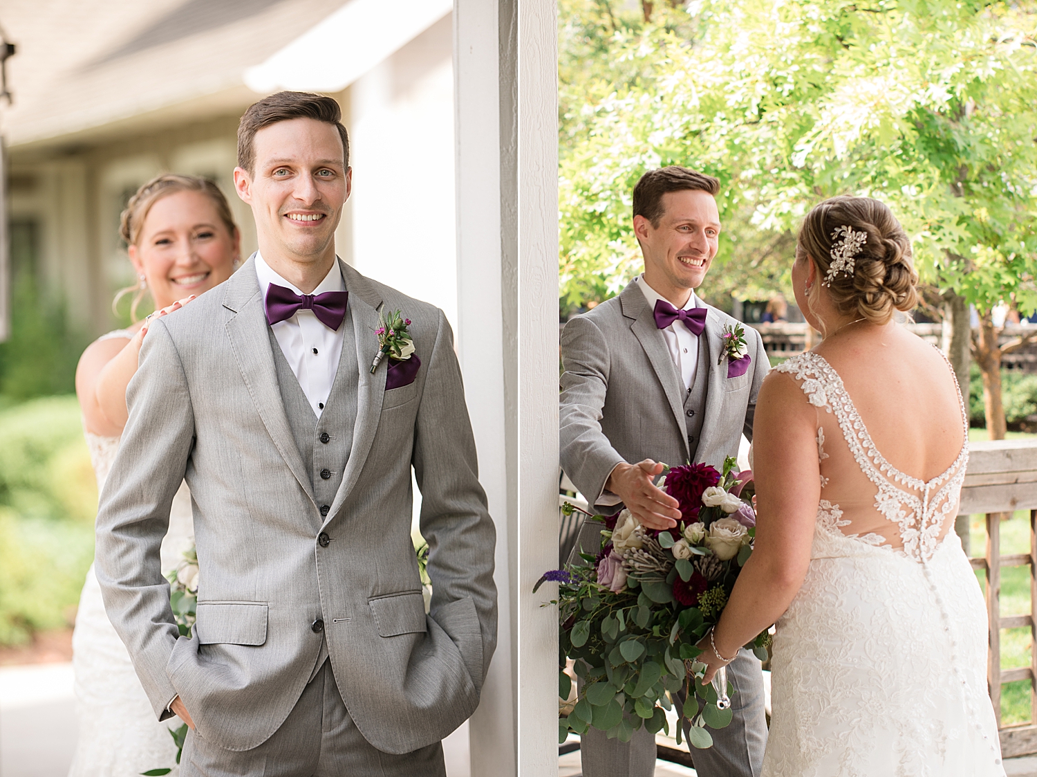 first look with bride and groom in courtyard