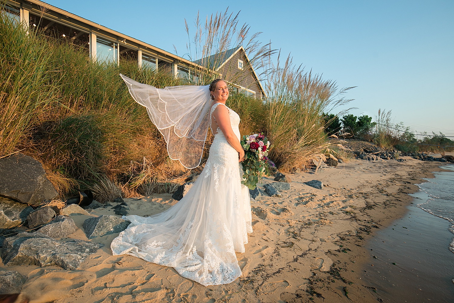 bridal portrait on beach at sunset