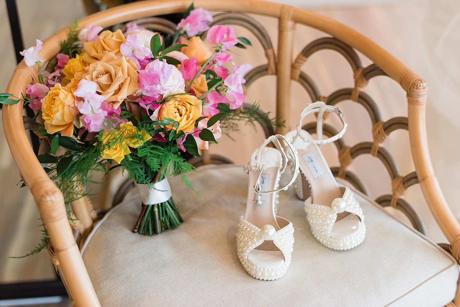 bridal bouquet with wedding shoes