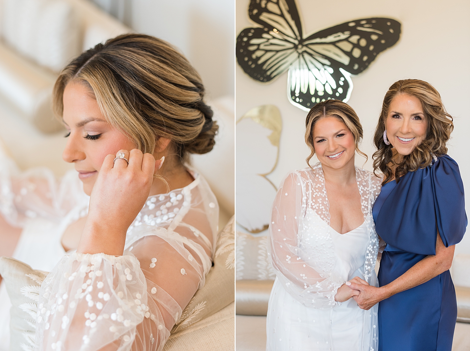 bride putting in earrings, and with momm