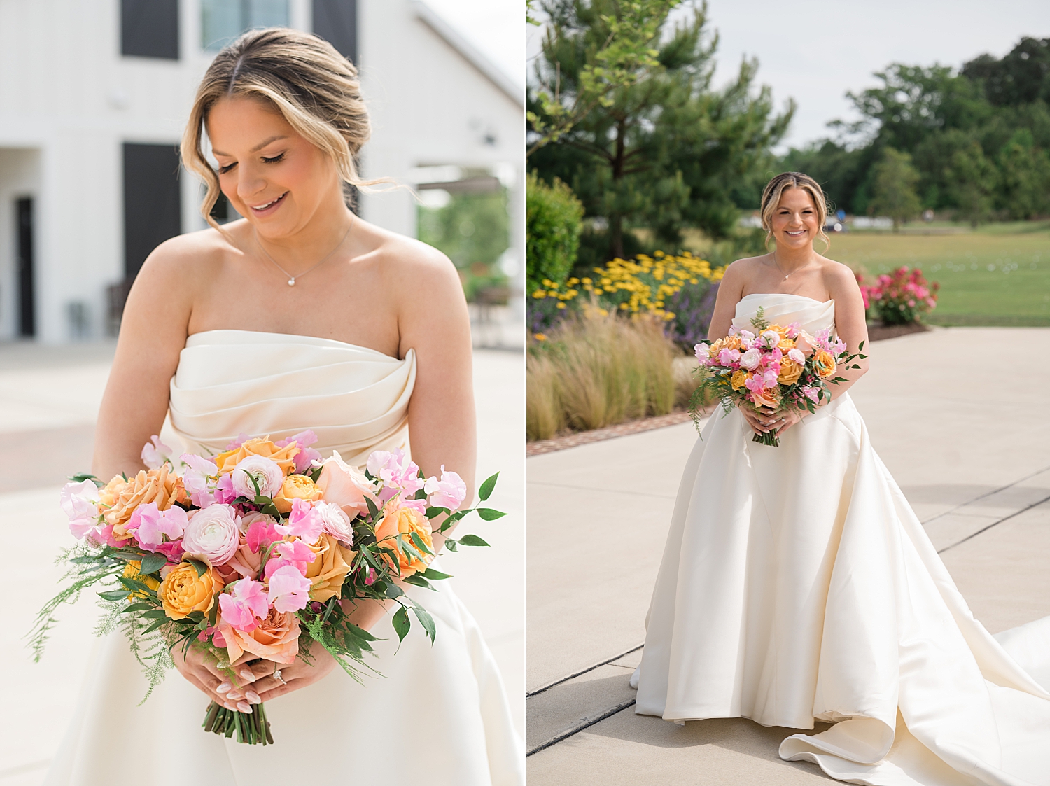 bridal portrait, strapless gown, colorful spring florals