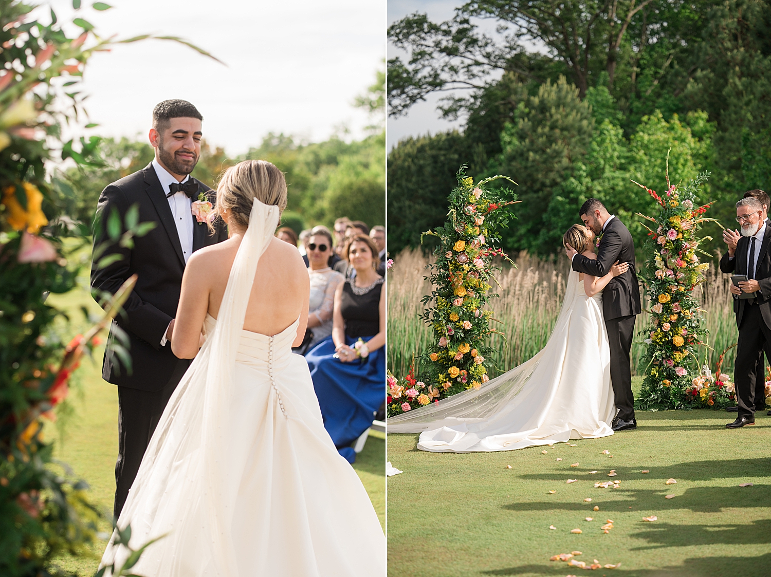 ceremony outdoors in green field floral pillars, first kiss