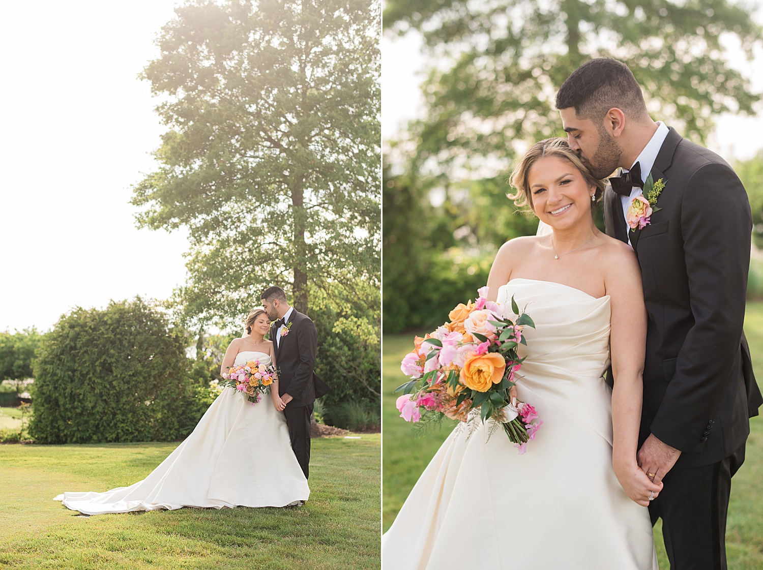 bride and groom couple portrait in grass, sun glow