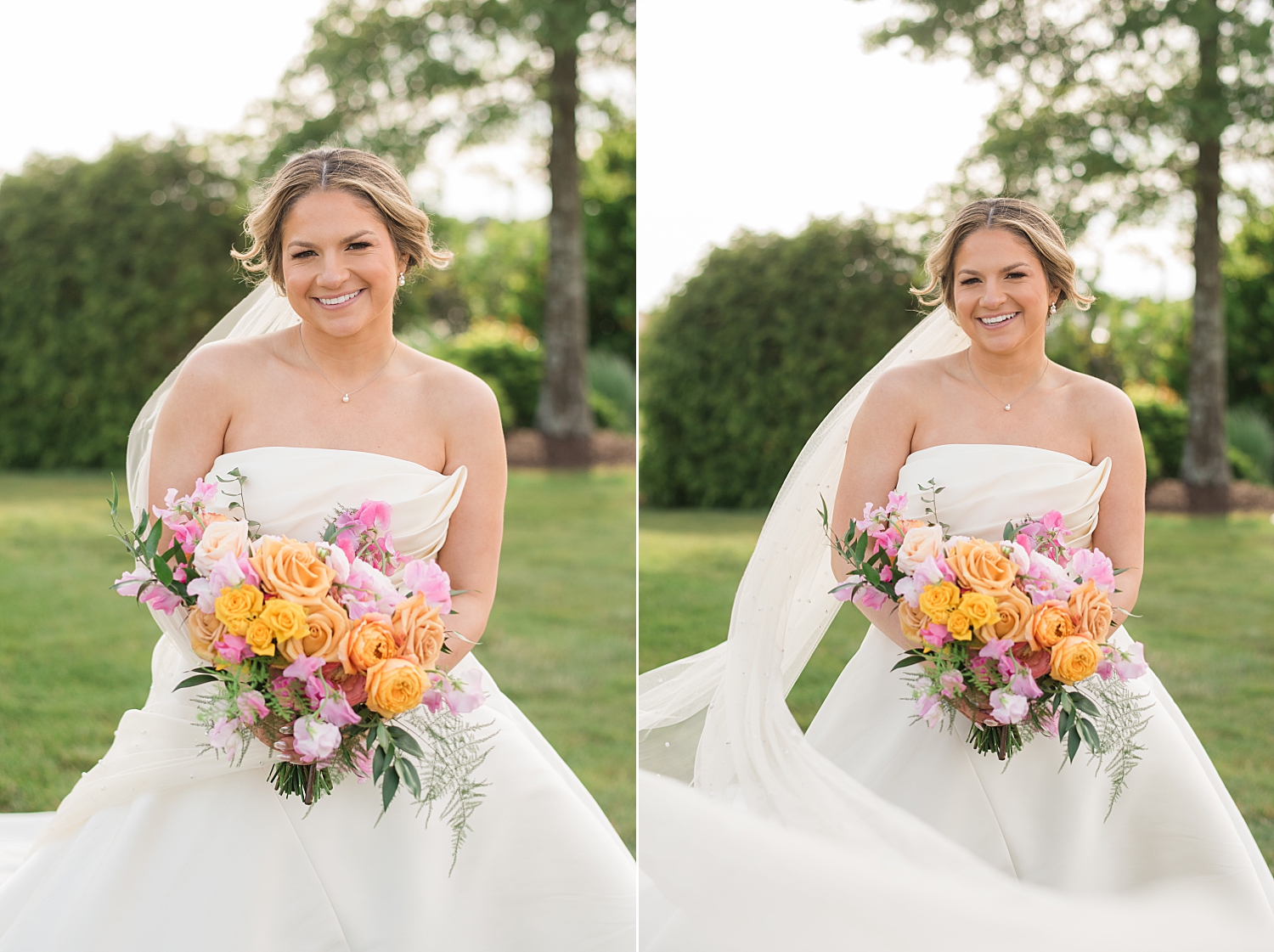 bridal portrait, strapless dress, soft veil, colorful spring bouquet