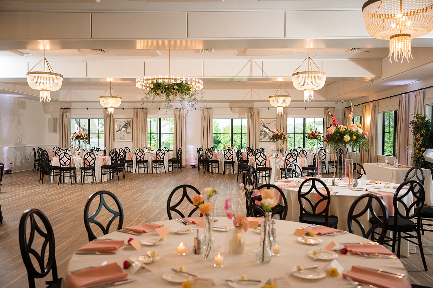 reception ballroom details pink tablescape