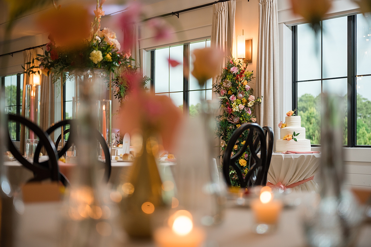 reception ballroom details pink tablescape