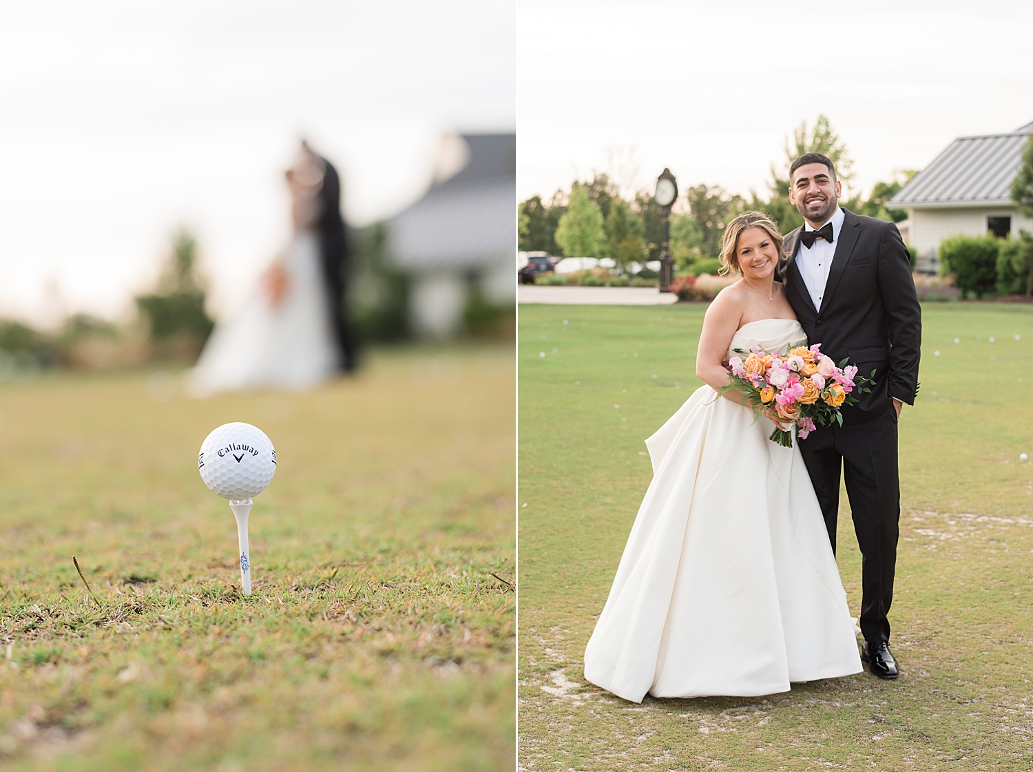 couple portrait, golf ball in foreground