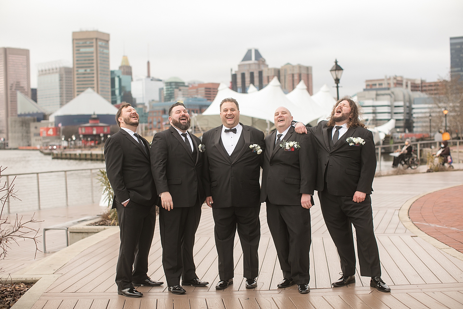 groom and groomsmen baltimore harbor