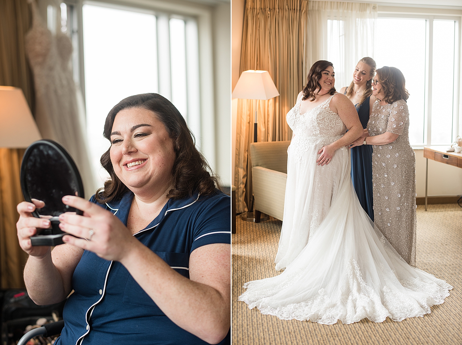 bride getting ready with mom and sister