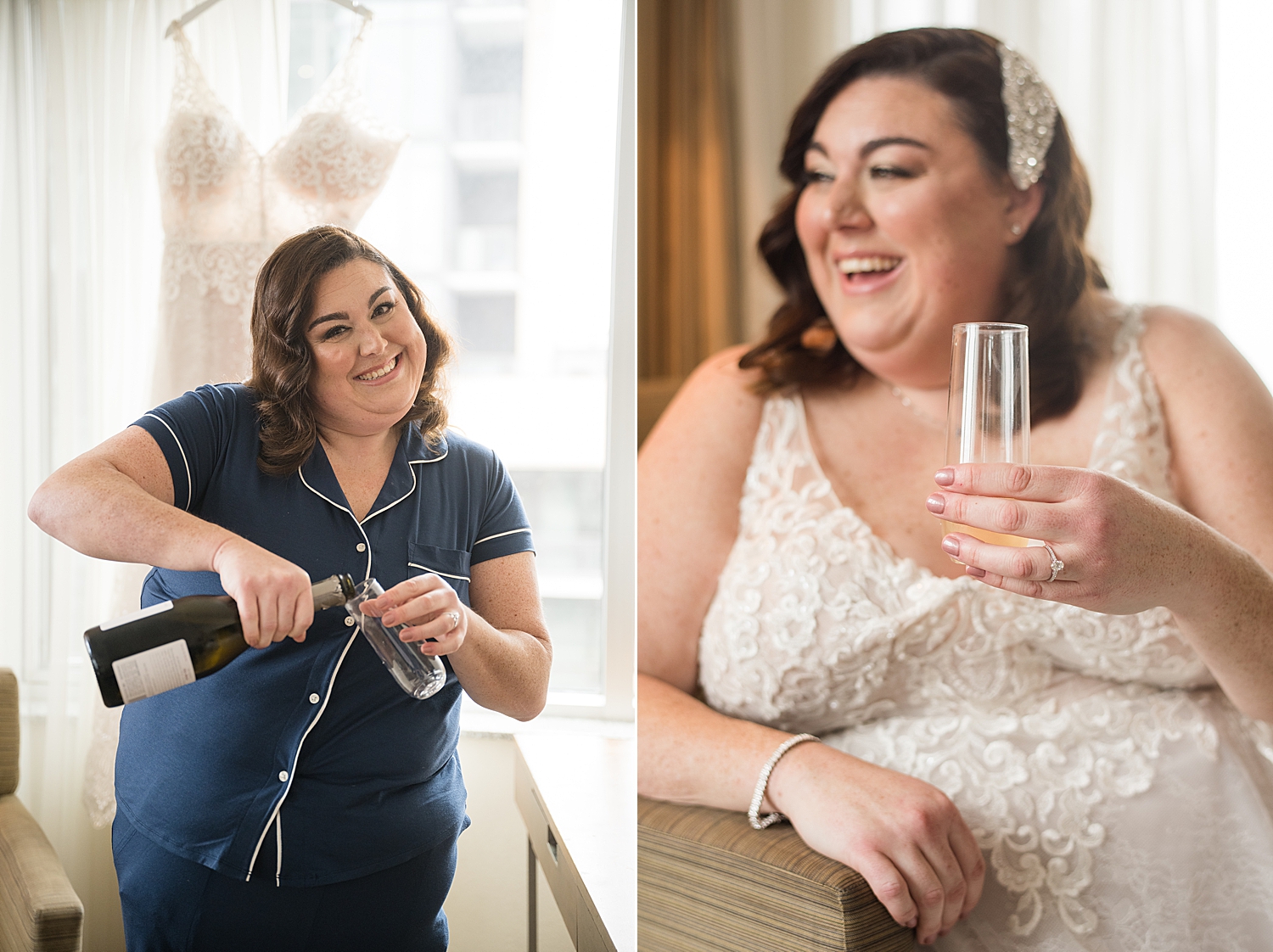 bride pouring and smiling with champagne