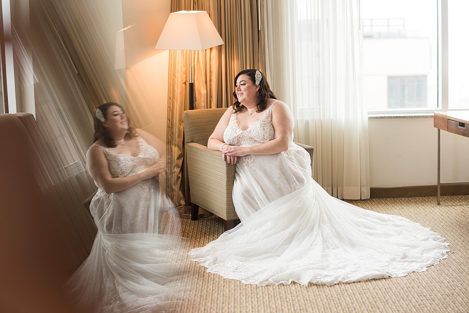 bridal portrait in suite, prism reflection