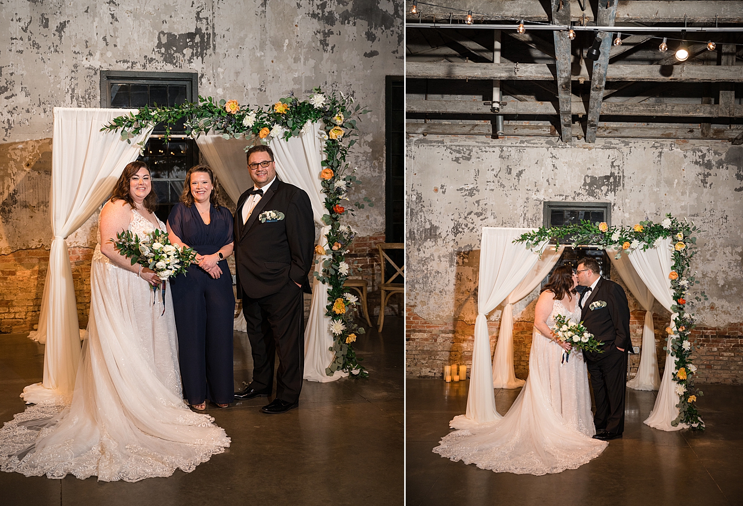 bride and groom mwith officiant