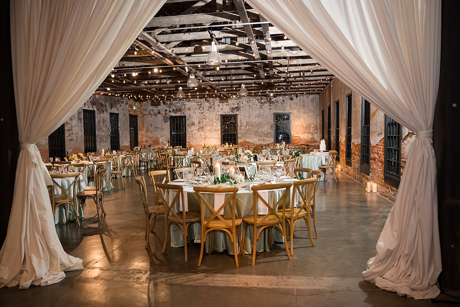 ballroom setup through curtains