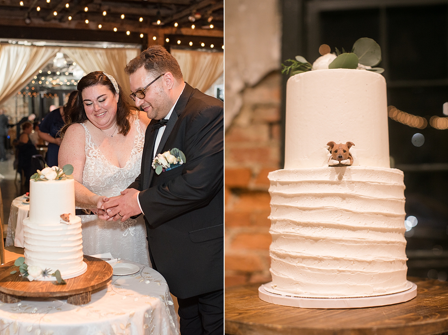 bride and groom cutting cake with dog detail