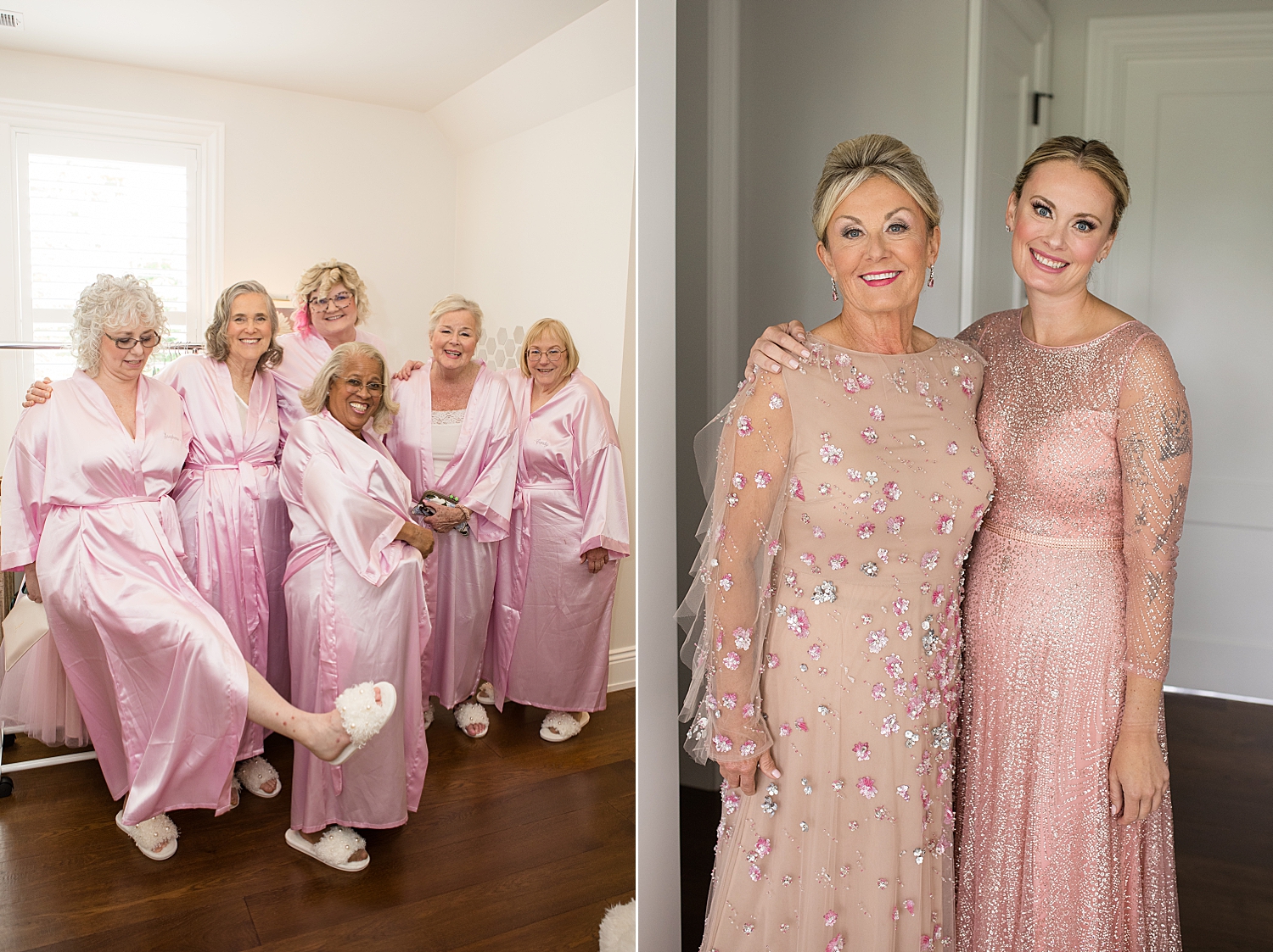 bridesmaids in pink getting ready