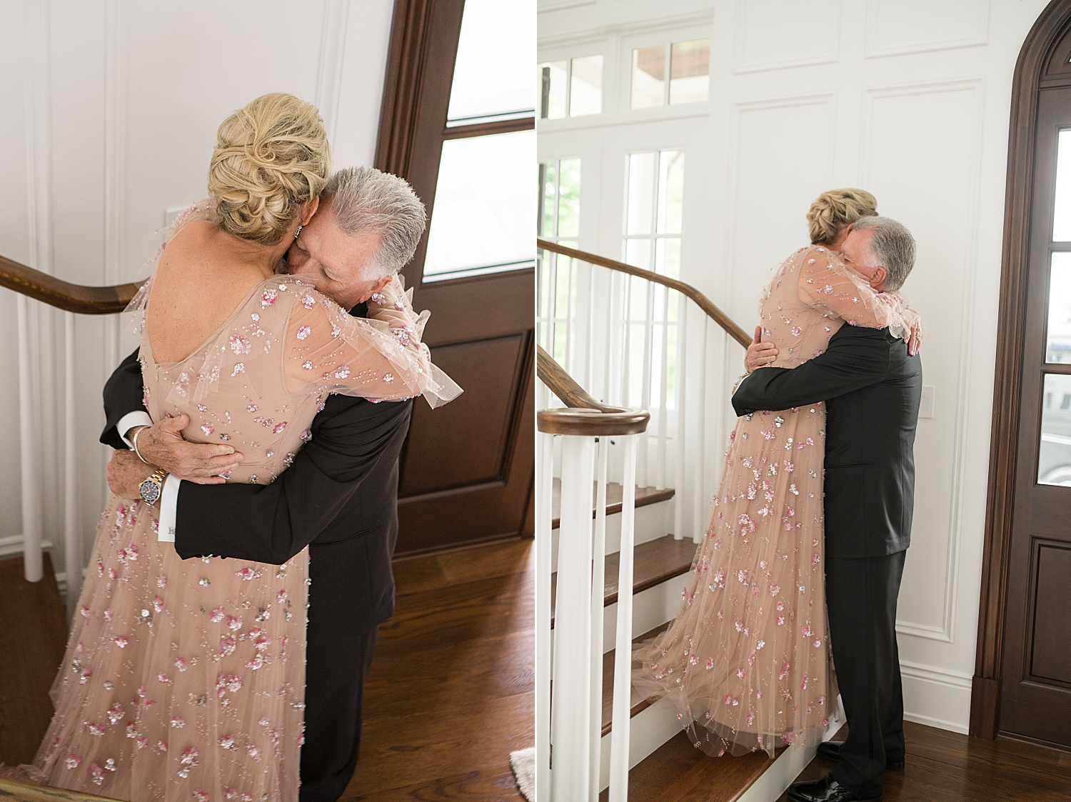 bride and groom embrace on stairs