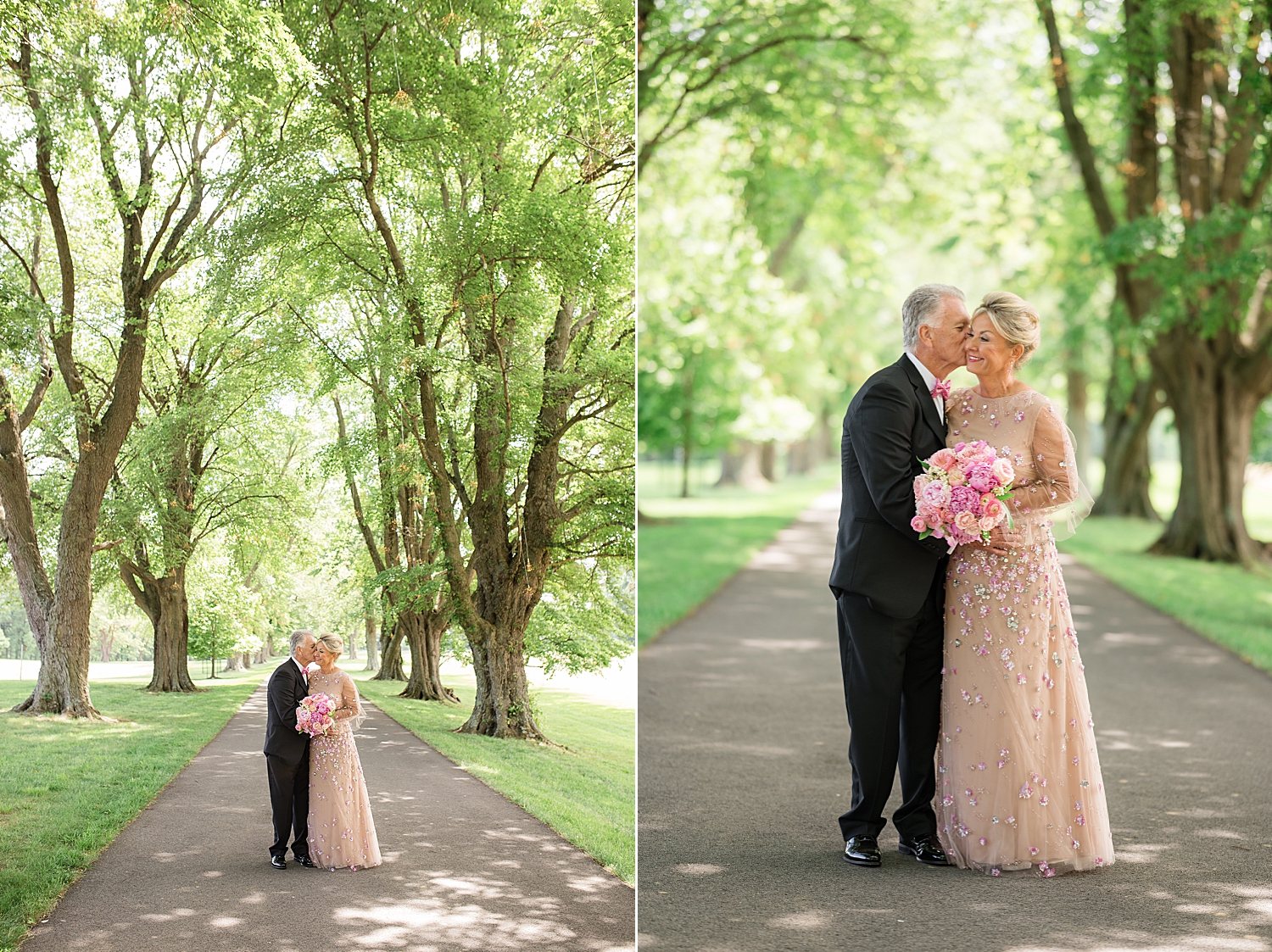 couple portrait, bride and groom on tree-lined path