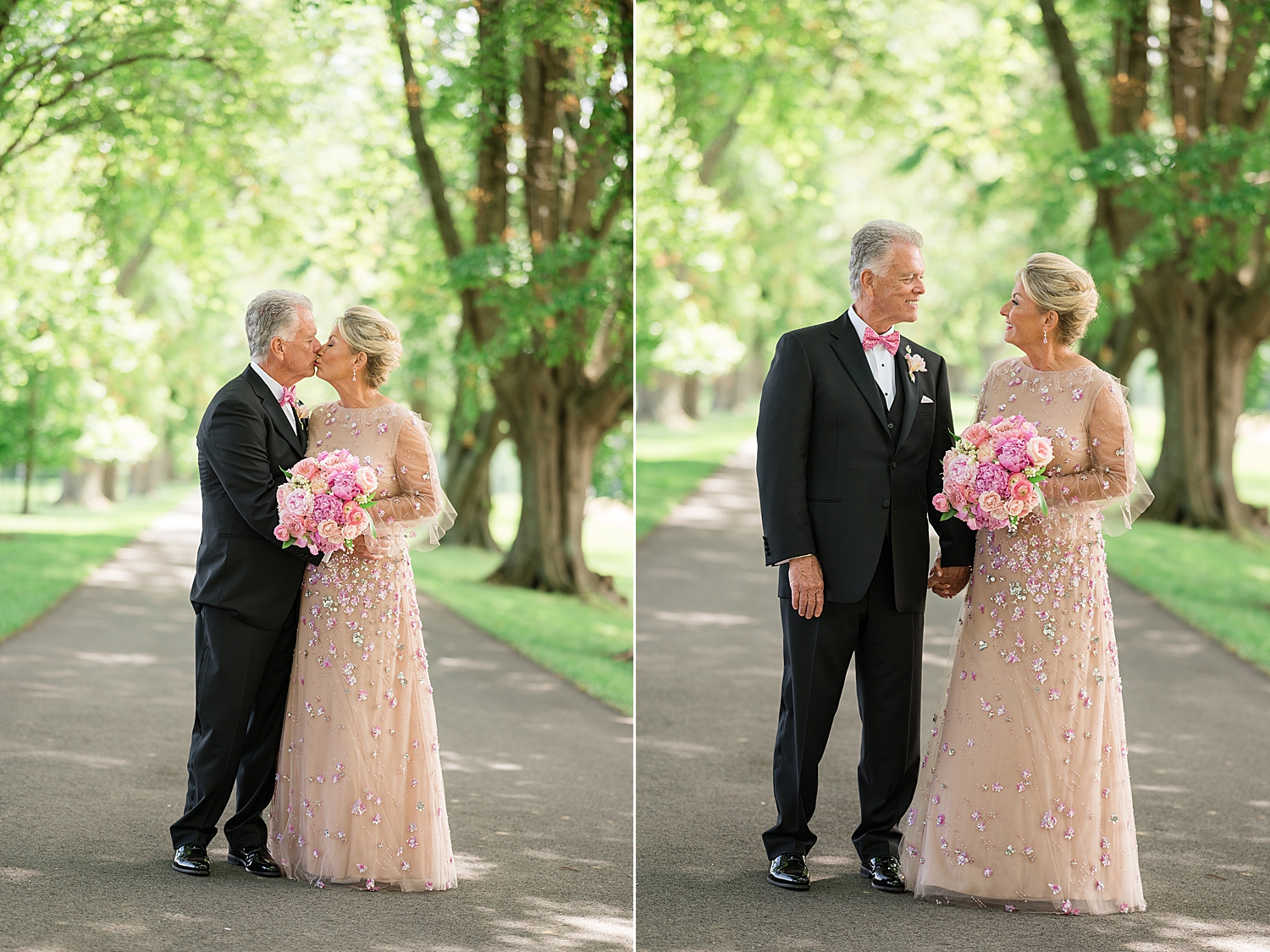 couple portrait, bride and groom on tree-lined path