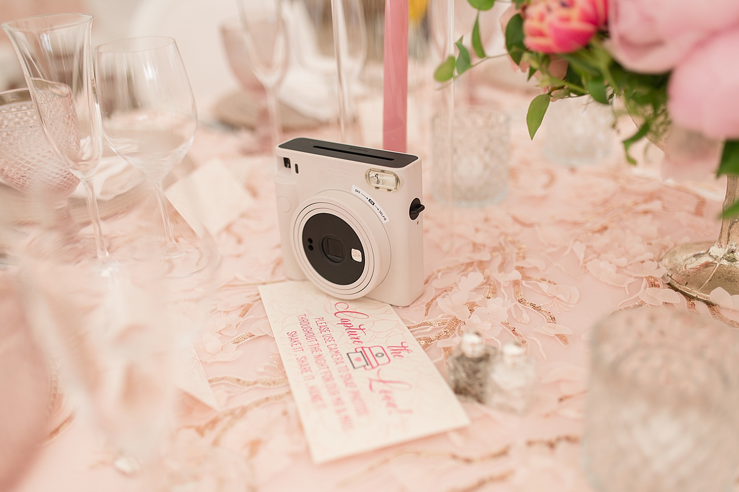 pink tented reception details polaroid