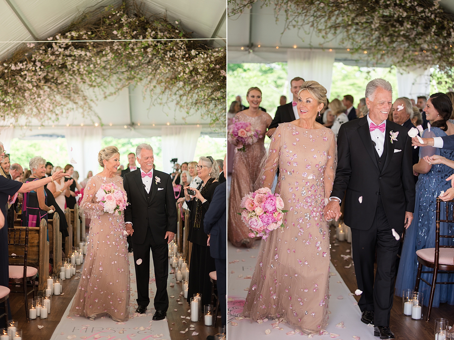 bride and groom recess with petals in the air