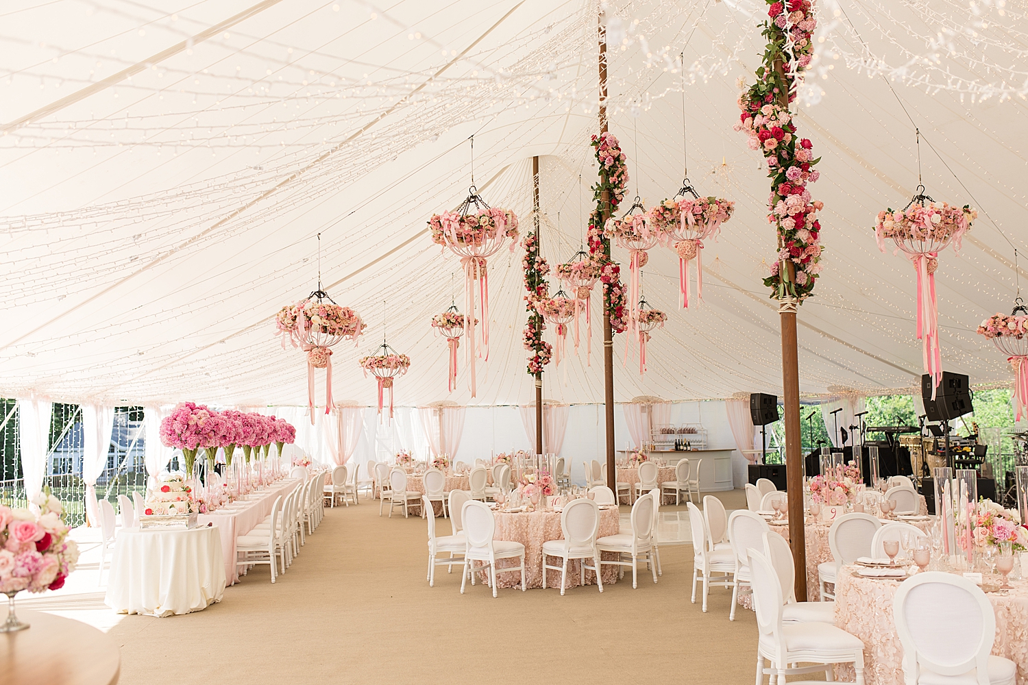 all pink details in tented reception