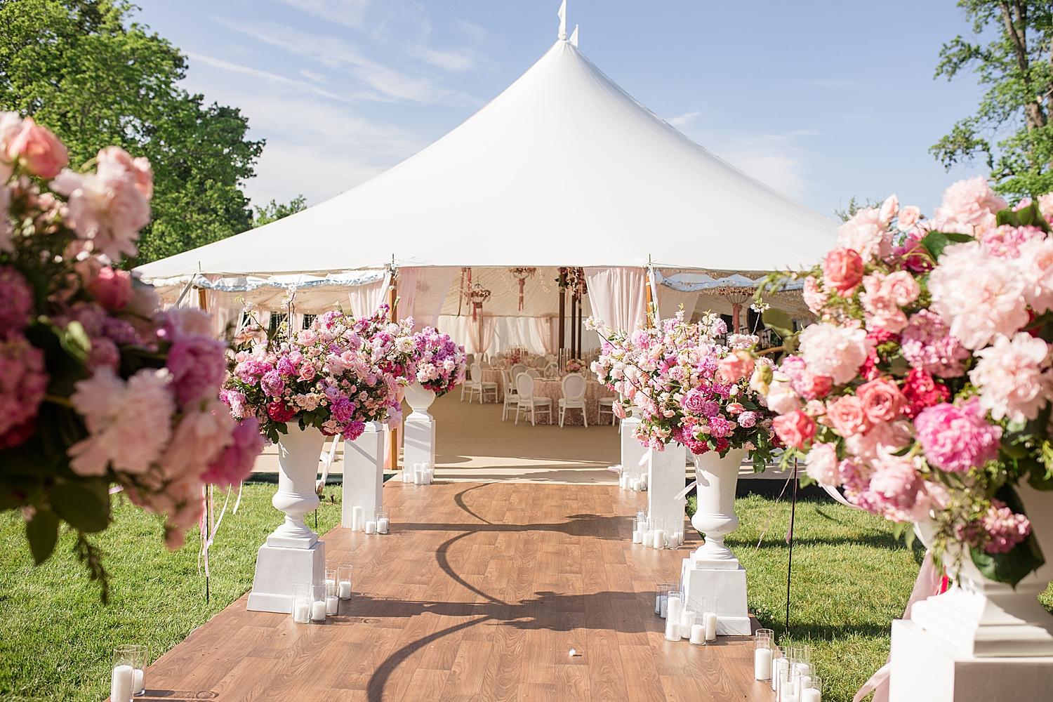 all pink details in tented reception