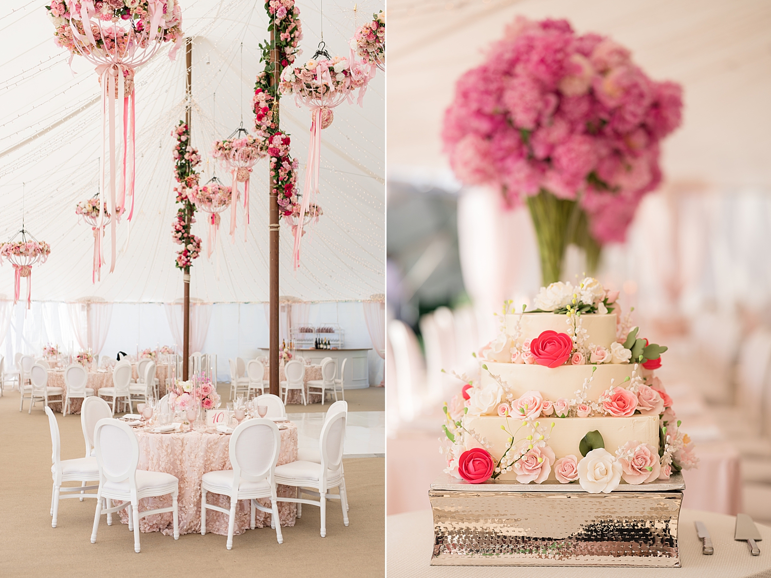 all pink details in tented reception, cake