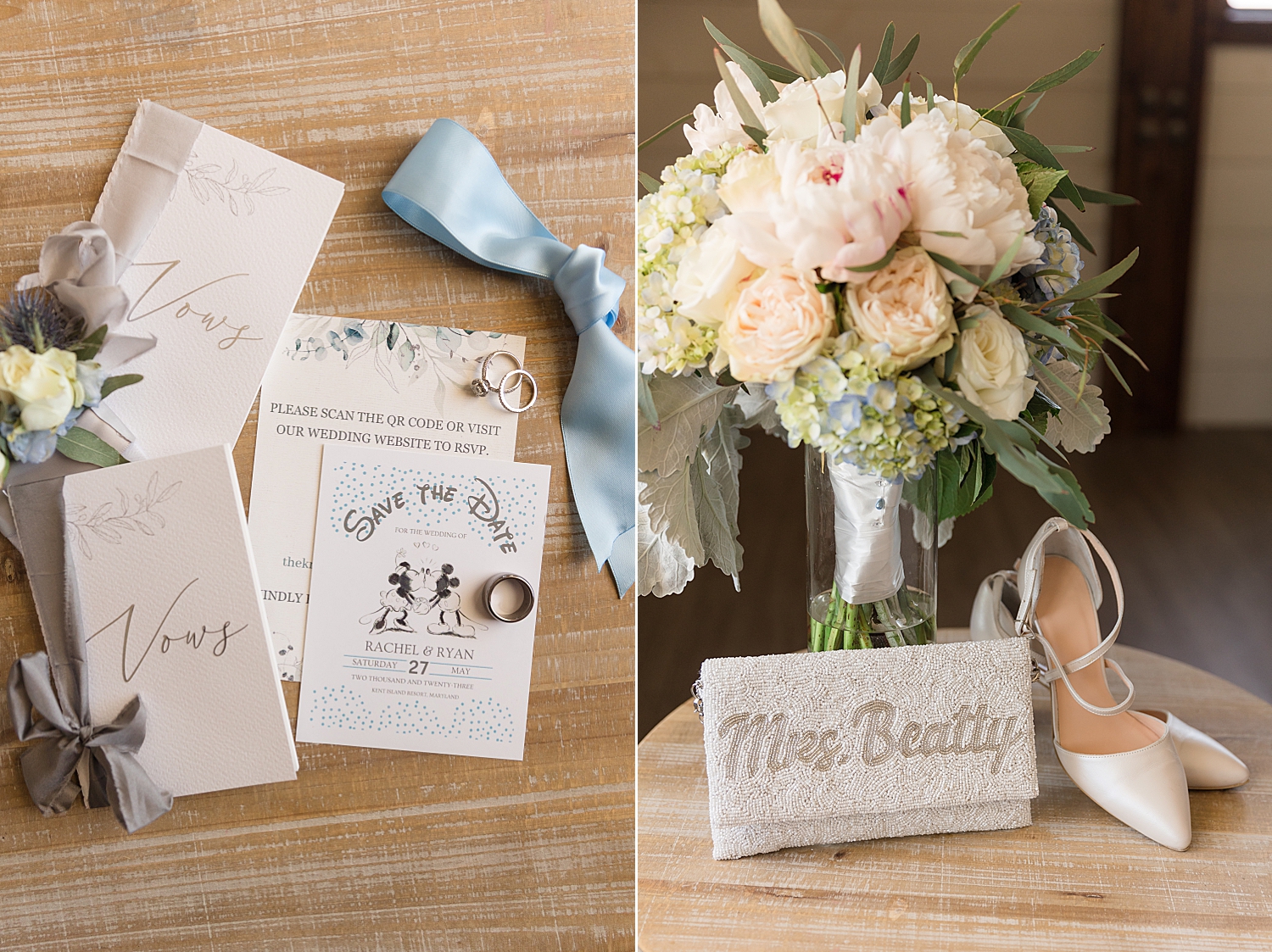 wedding invitation and bridal details with bouquet