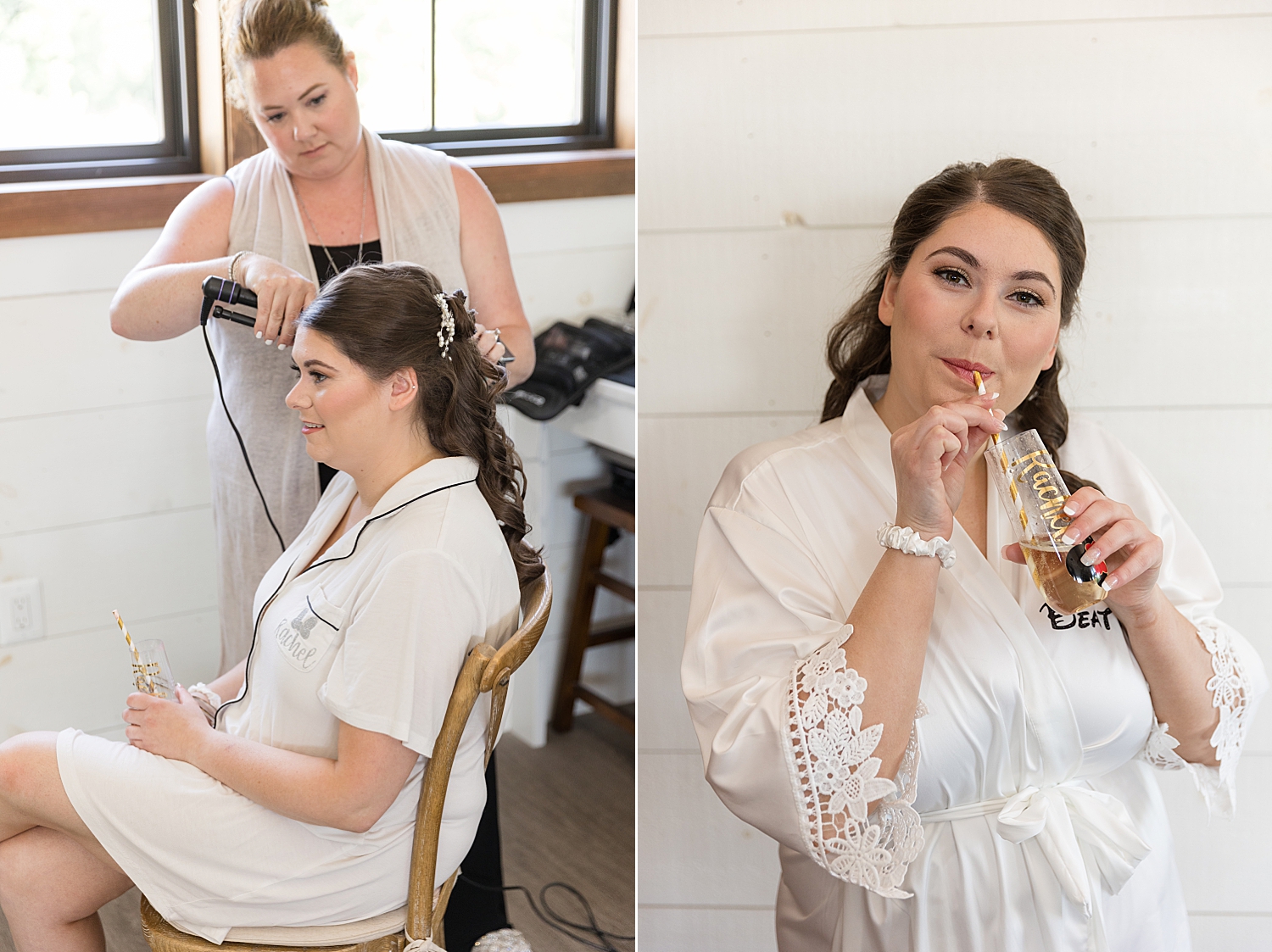 bride getting ready, sipping from glass