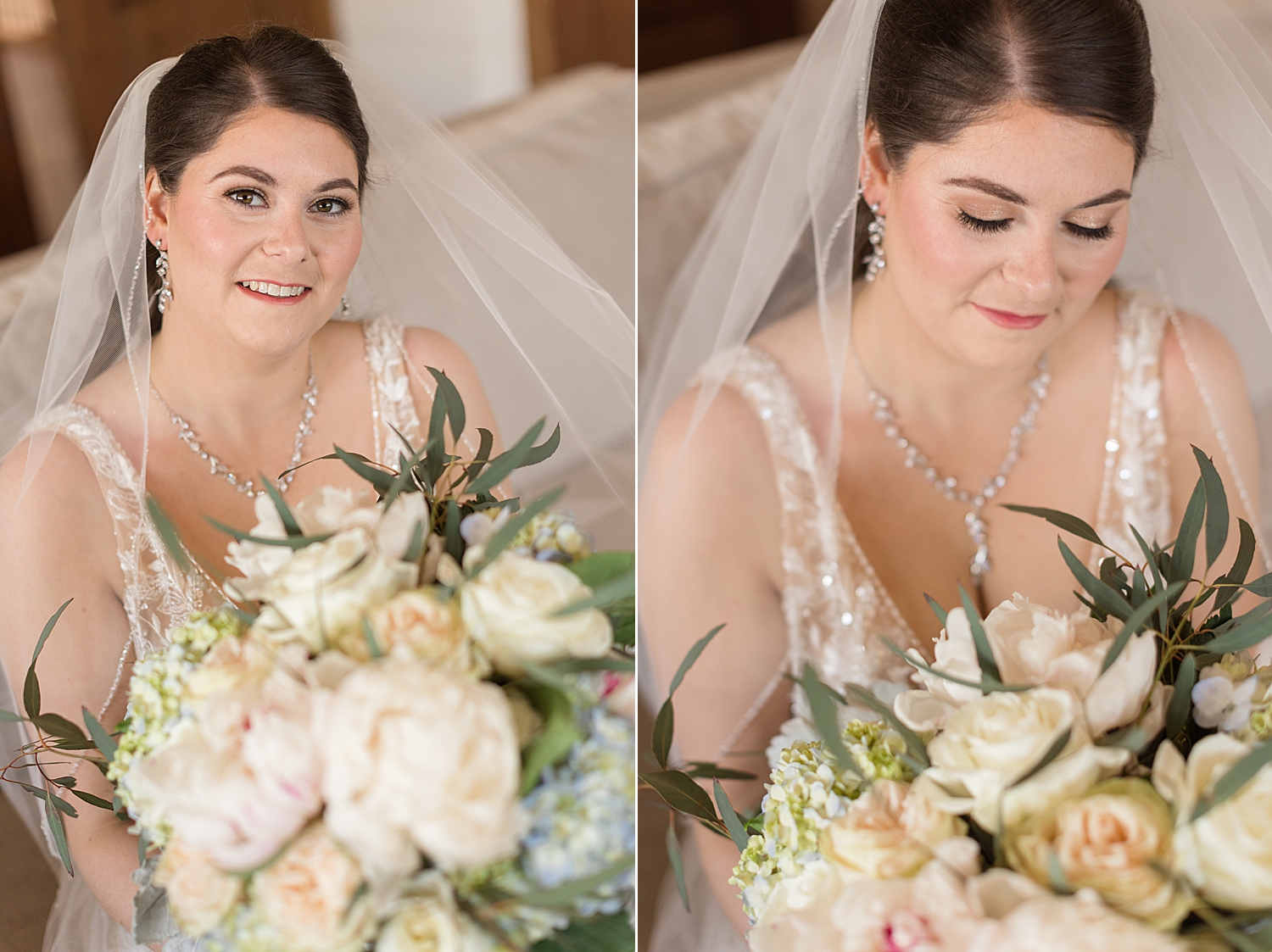 bridal portrait in suite with bouquet and veil