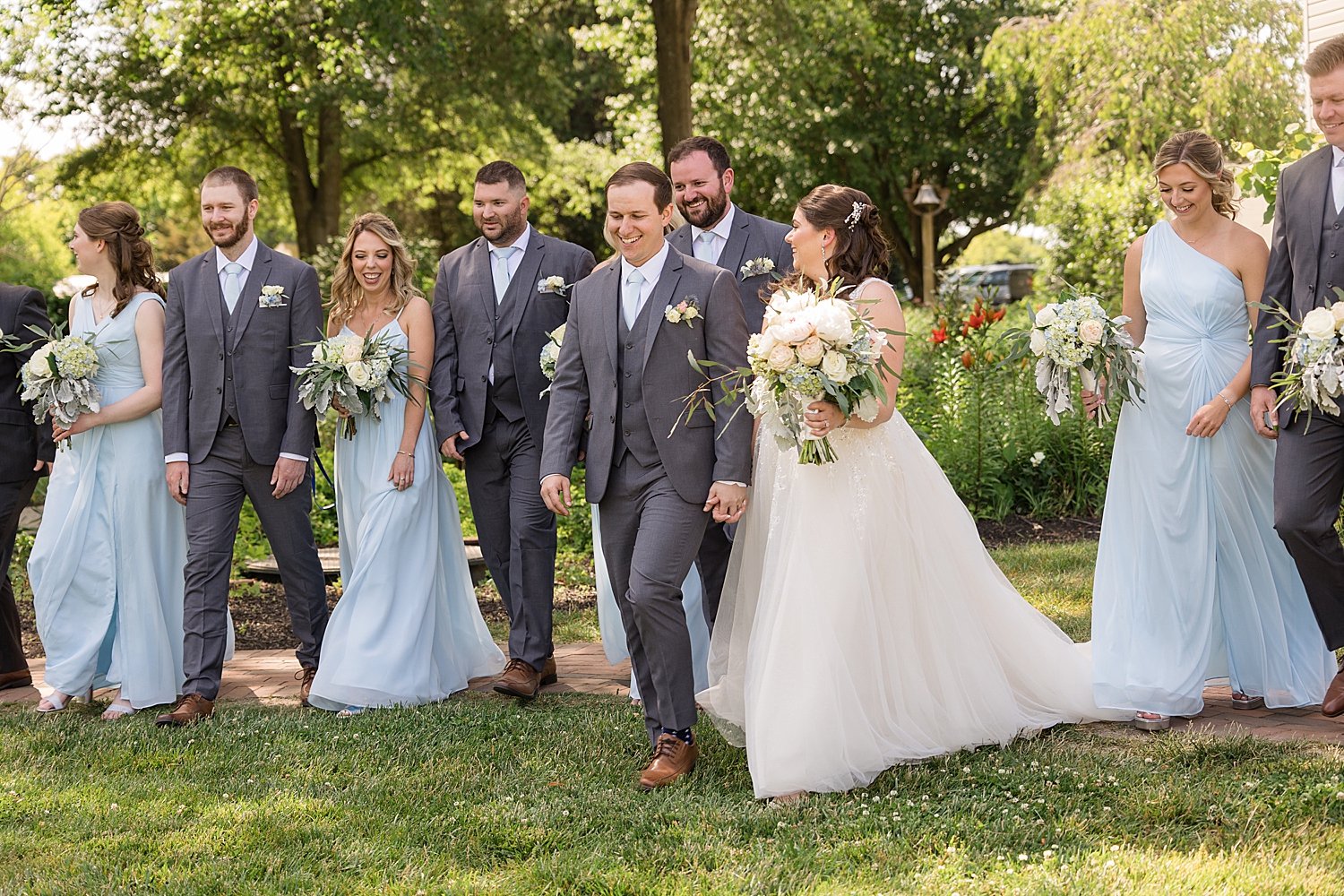 full wedding party portrait, walking