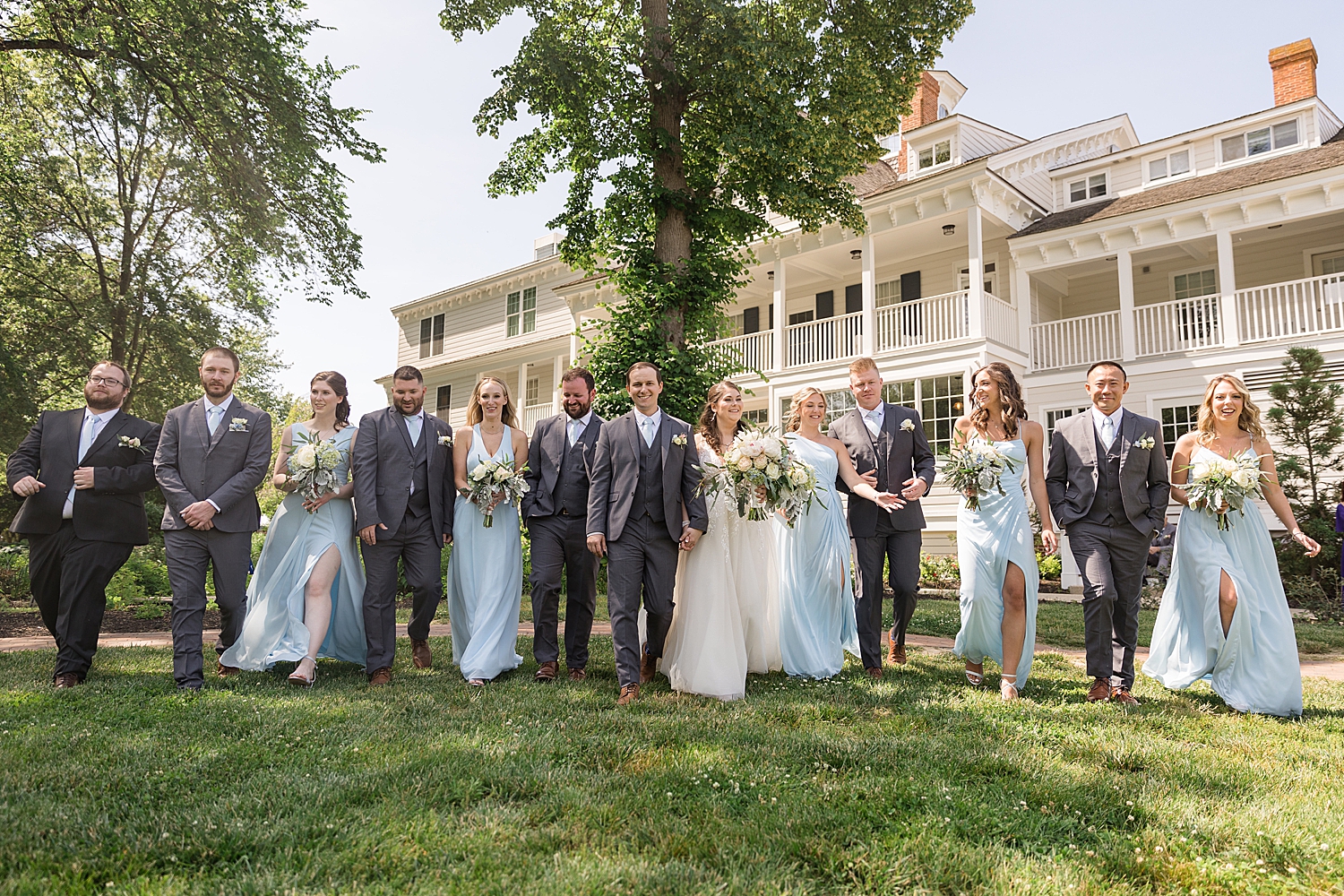 full wedding party portrait, walking