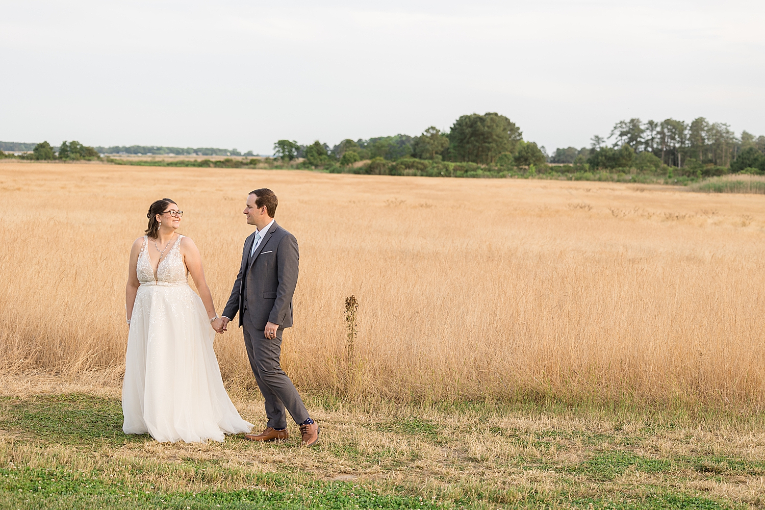 bride and groom sunset portrait in wheat