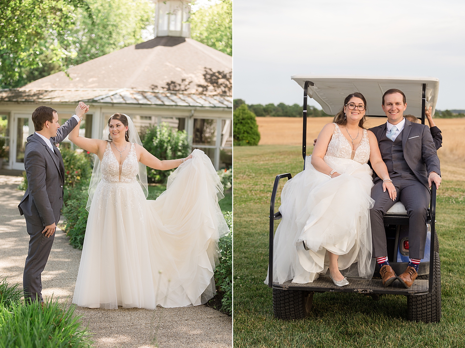 bride and groom portrait, back of gold cart