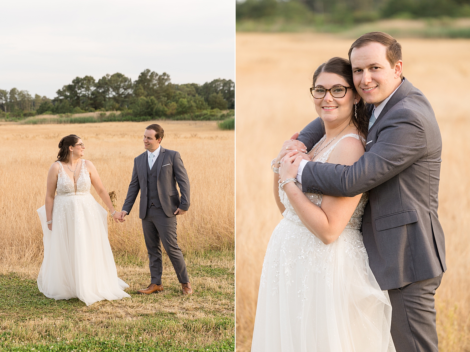 bride and groom sunset portrait in wheat