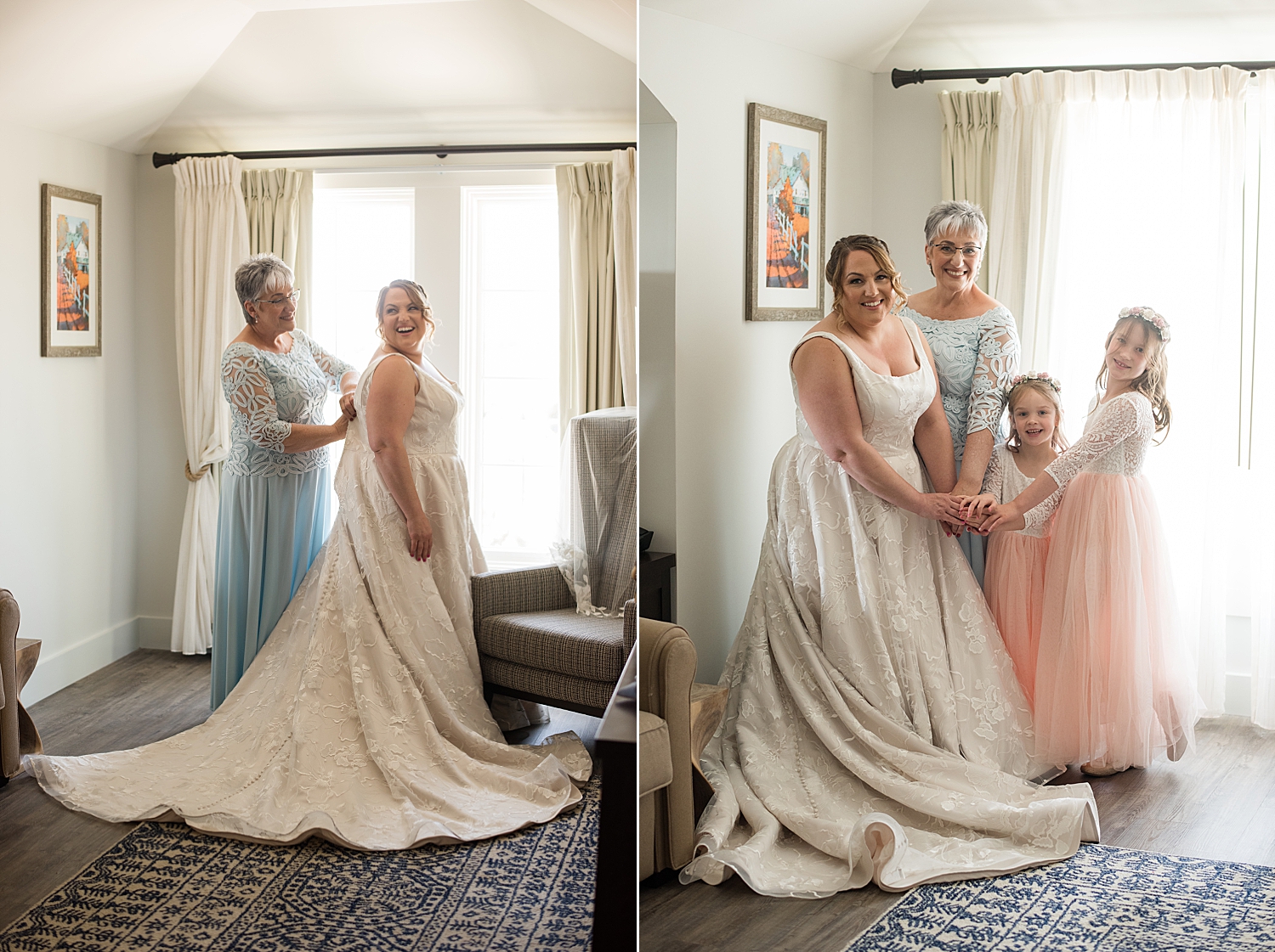 bride gets ready with mom and flower girls