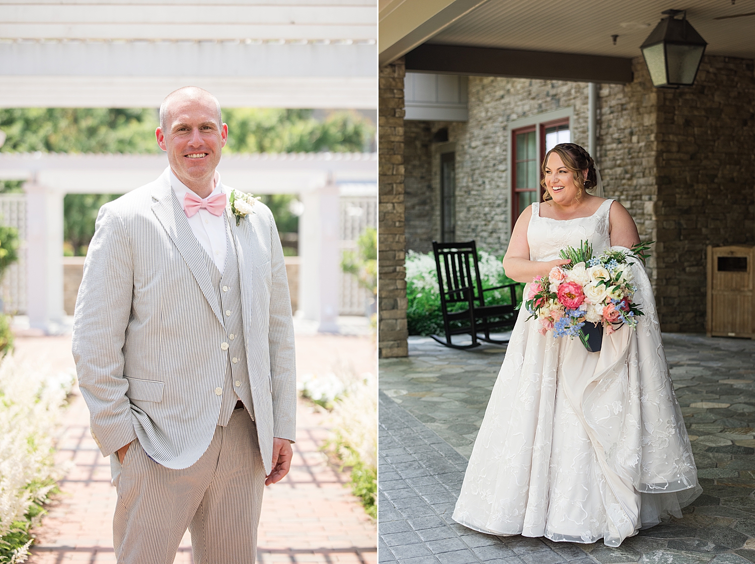 portrait of groom, bride approaching first look