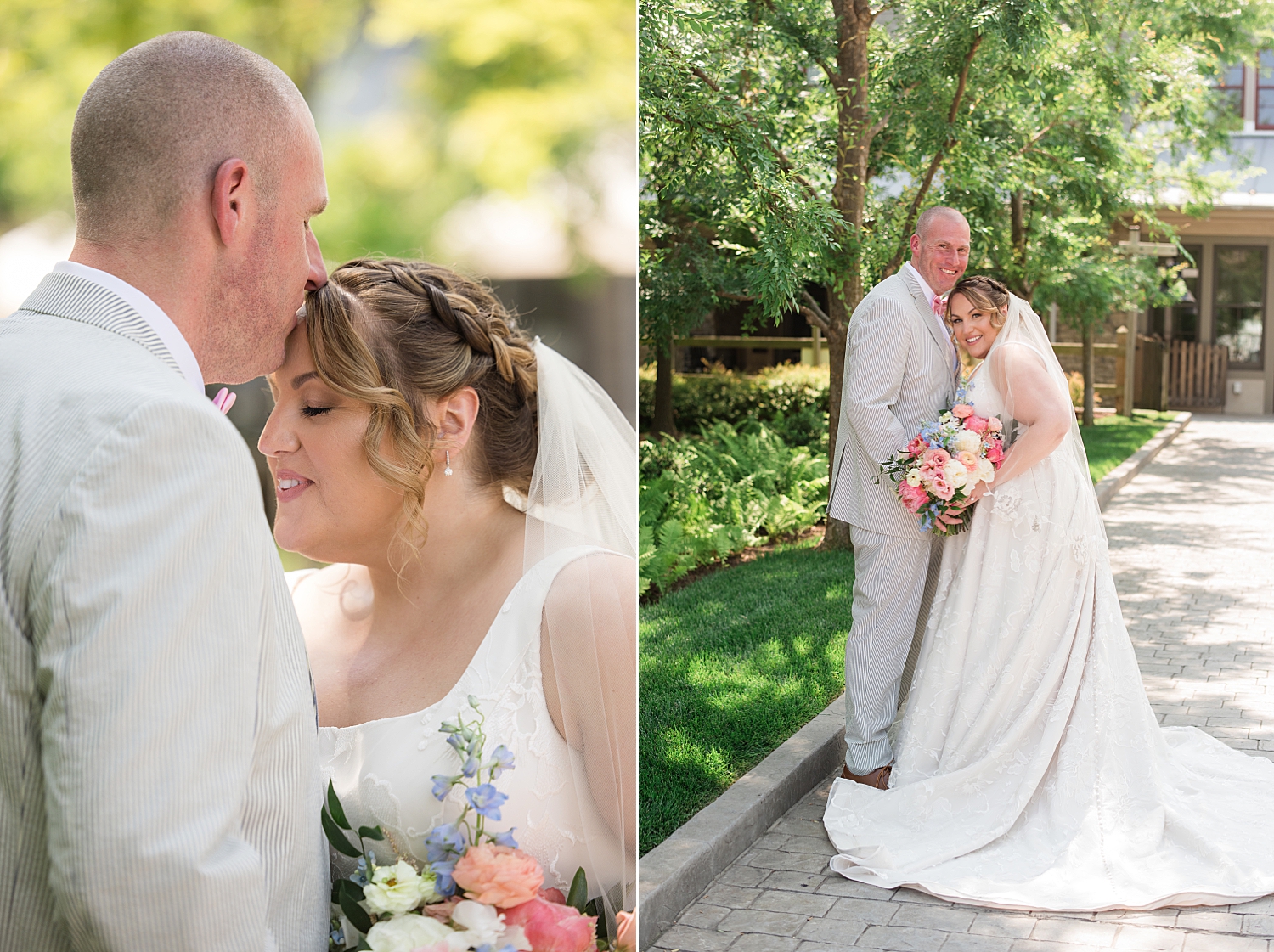 couple portrait summer wedding, forehead kiss