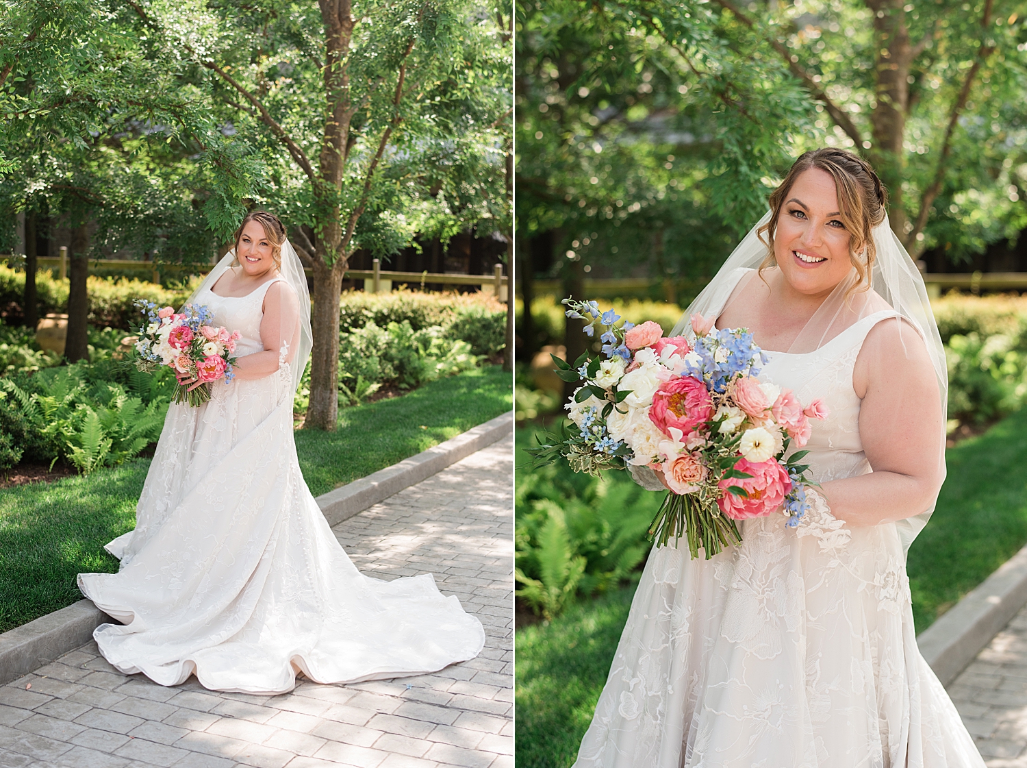 bridal portrait in greenery with vibrant bouquet