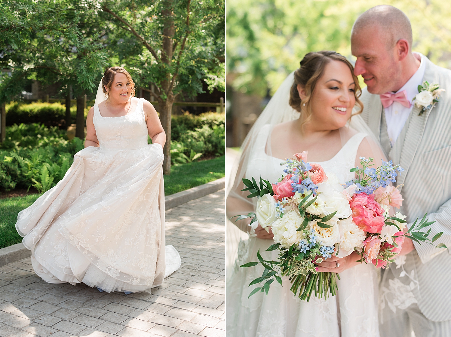 bridal portrait in greenery with vibrant bouquet