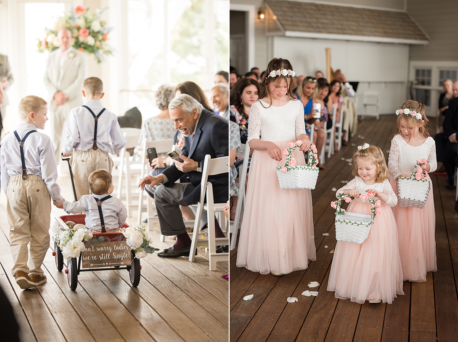 ring bearers and flower girls come down the aisle