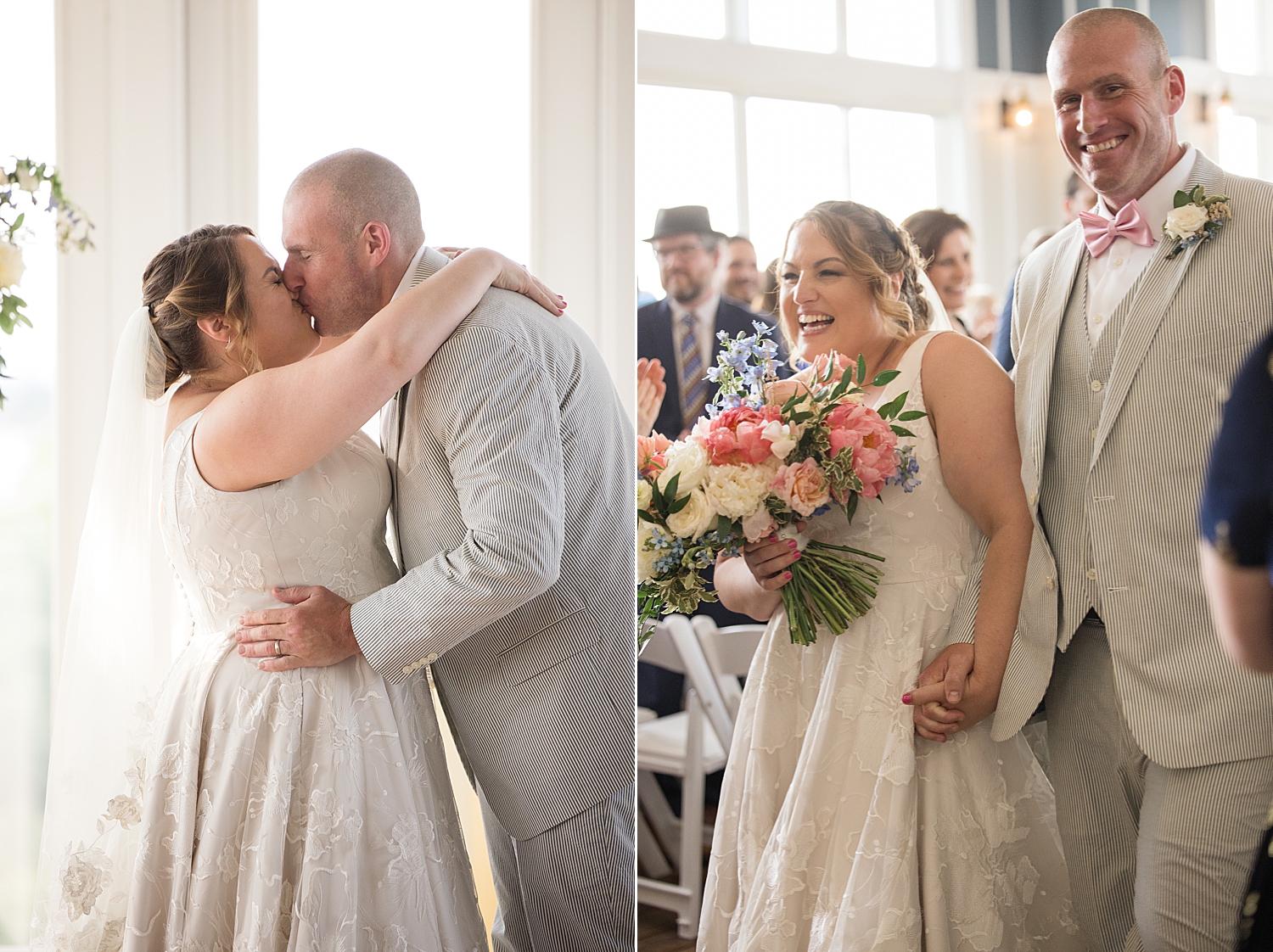 bride and groom first kiss