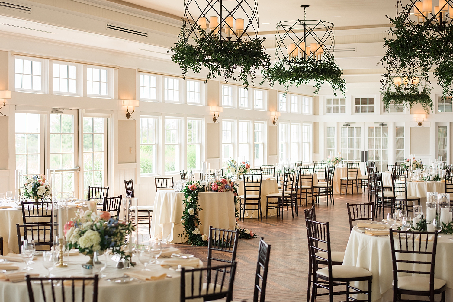 sunset ballroom chesapeake bay beach club reception details, hanging greenery