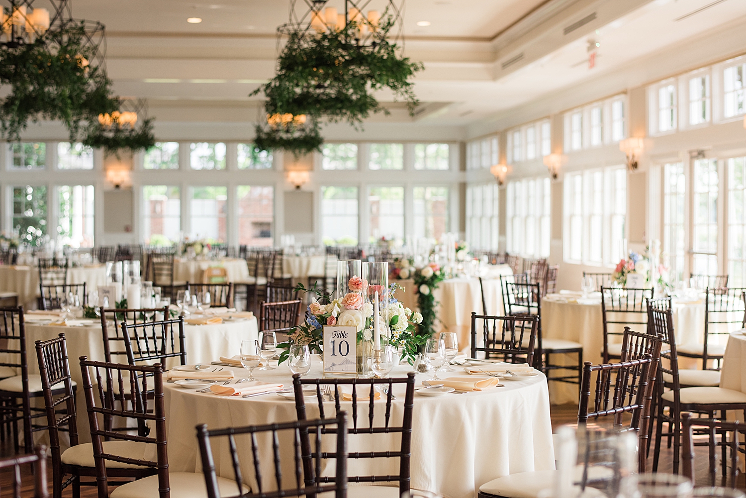 sunset ballroom chesapeake bay beach club reception details, hanging greenery