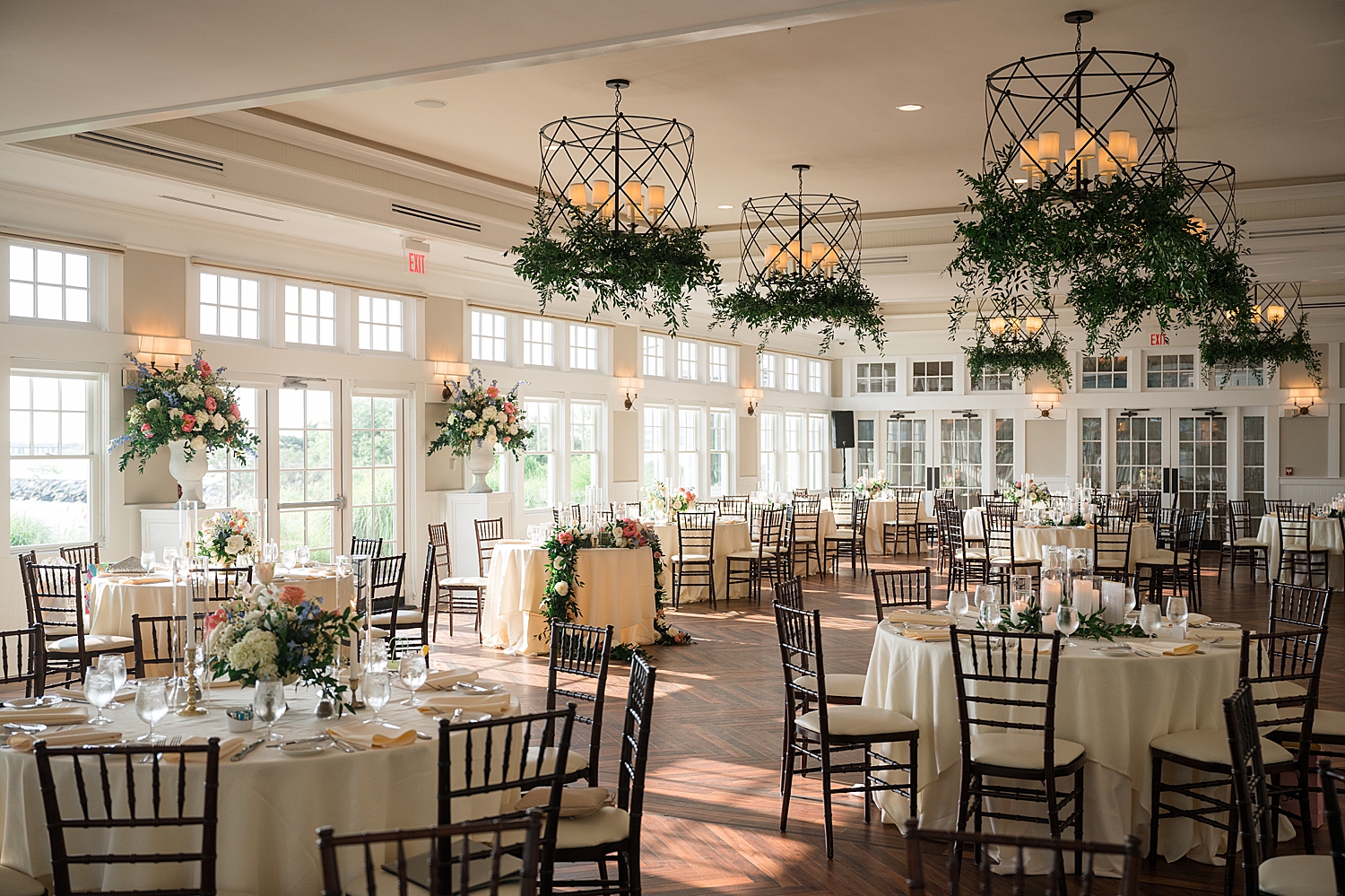 sunset ballroom chesapeake bay beach club reception details, hanging greenery