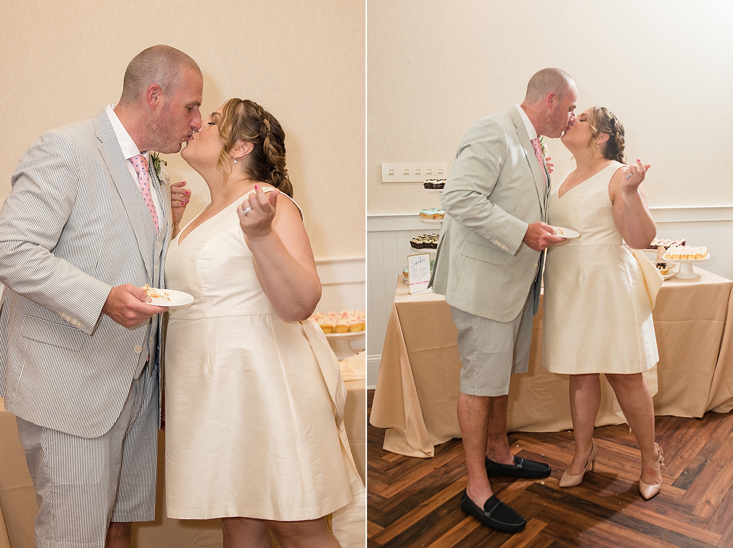 bride and groom kiss after cake cutting