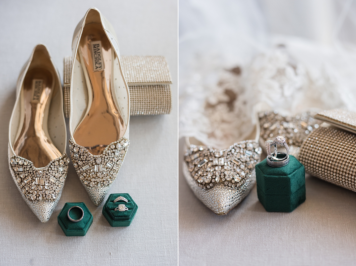 wedding details beaded bridal shoes, rings in emerald box