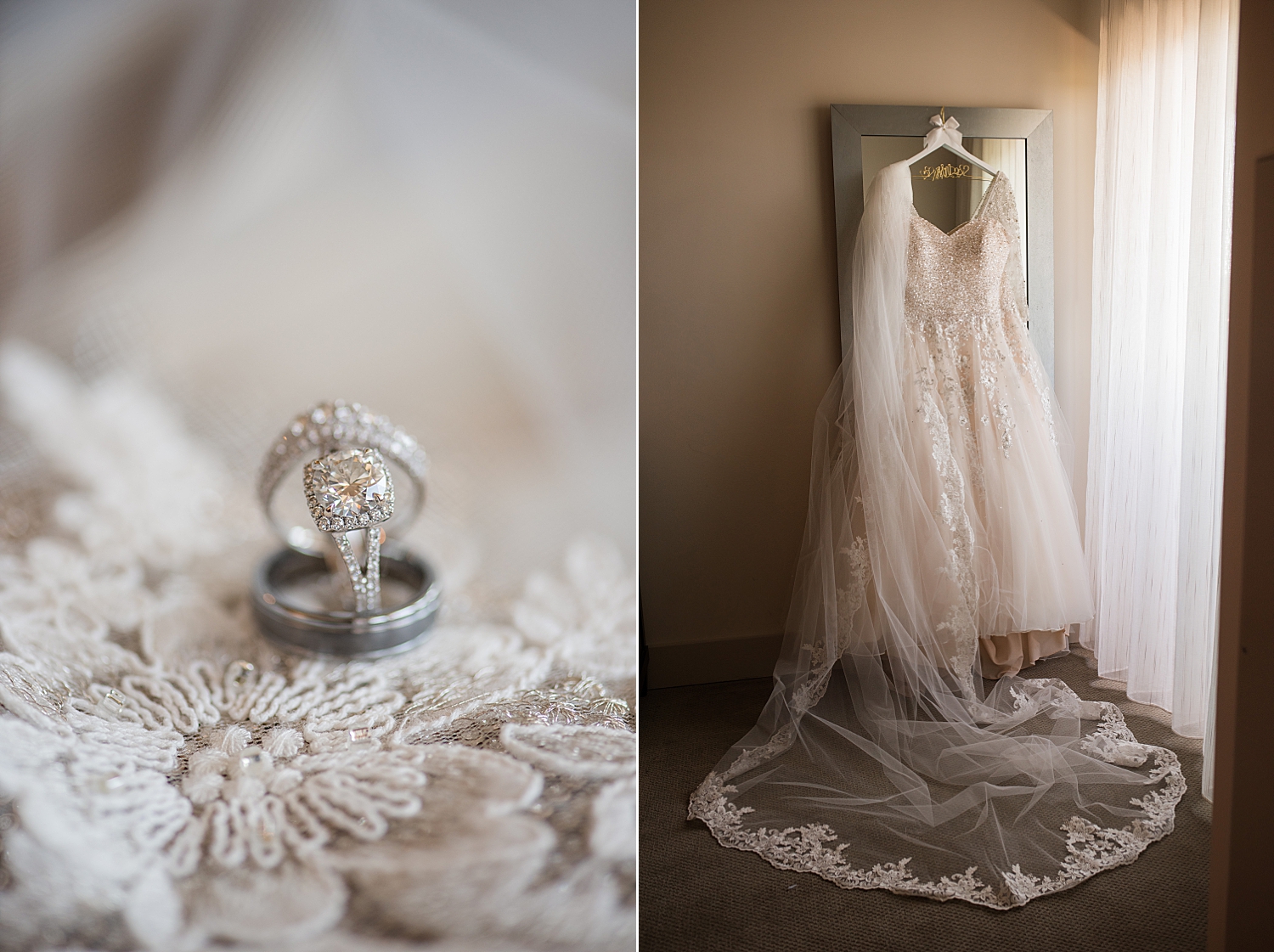 detail shots of rings and wedding gown hanging