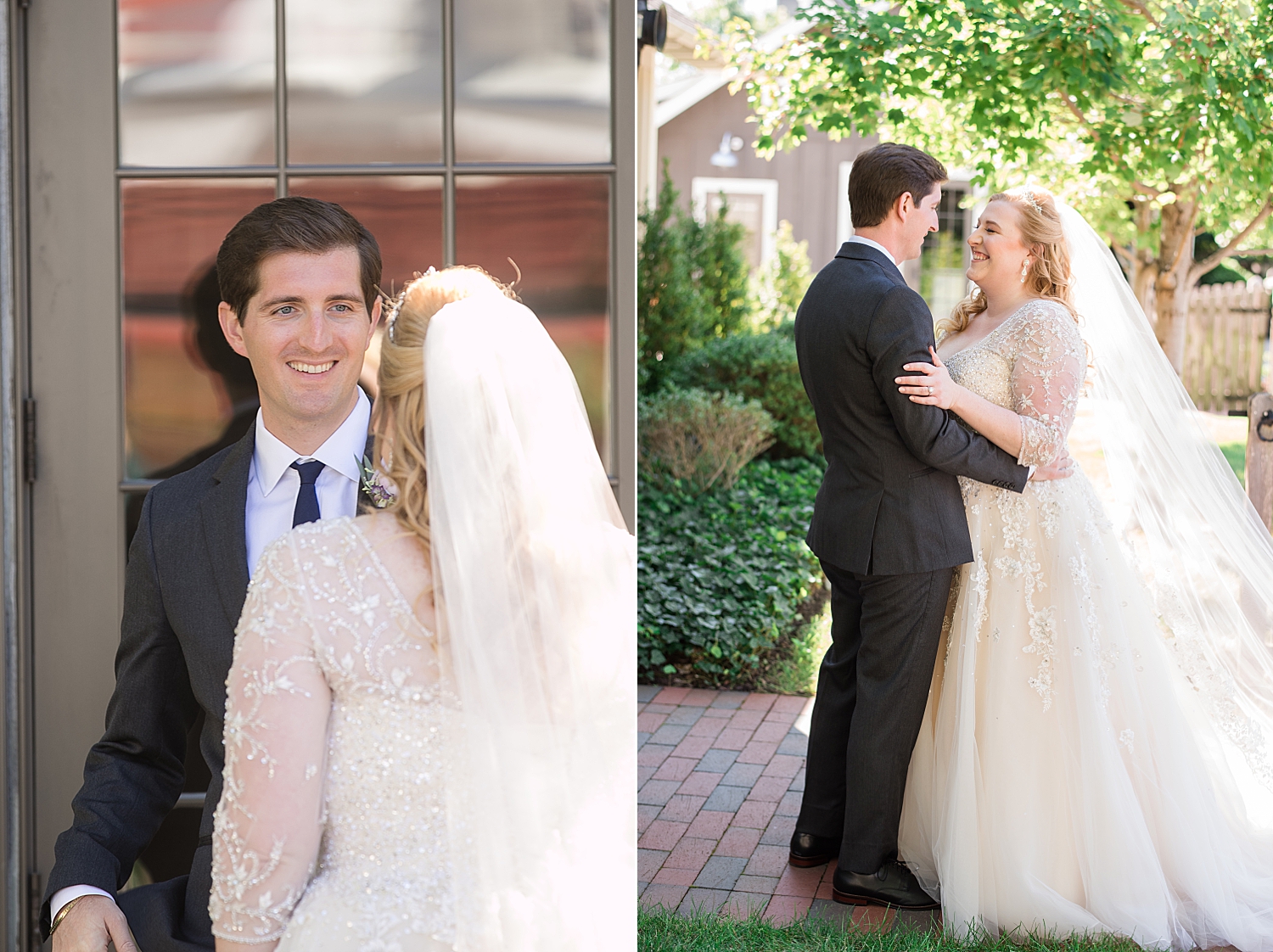 bride and groom courtyard first look