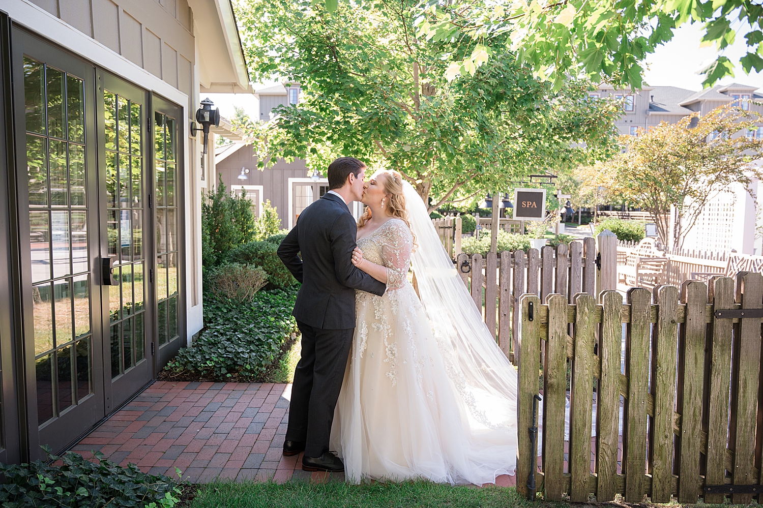 bride and groom portrait under trees